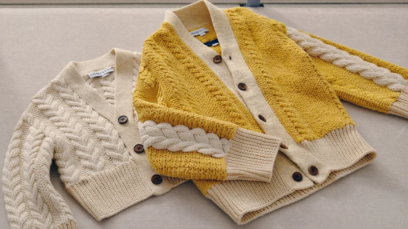 Tyk strikket kardigan og sweater til småbørn lagt fladt på linned